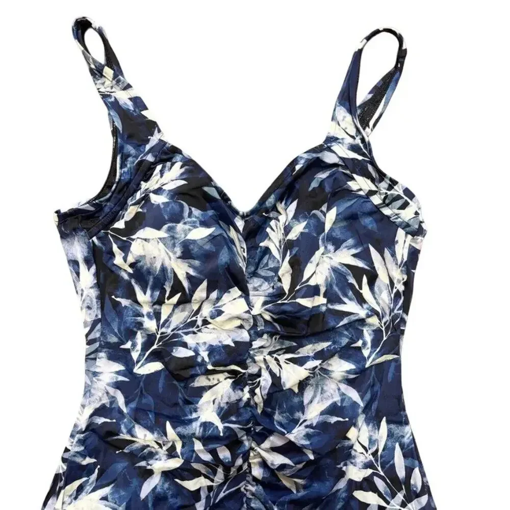MAXINE OF HOLLYWOOD Shirred Front Girl Leg One Piece Swimsuit Blue Tropics SZ 16